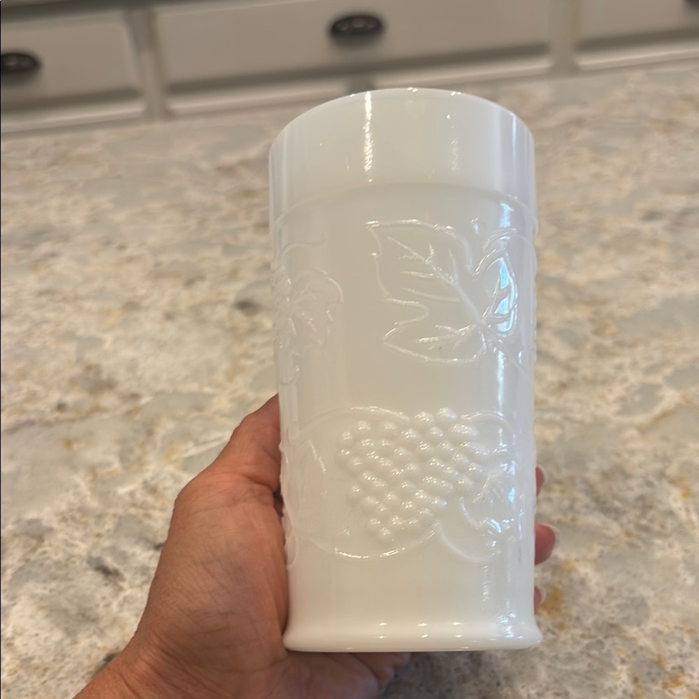 Milk Glass White Embossed Leaf and Grape Tumbler/Vase